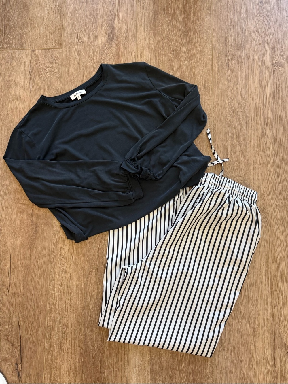 Women's Black Pullover & Black-White Striped Pants Set